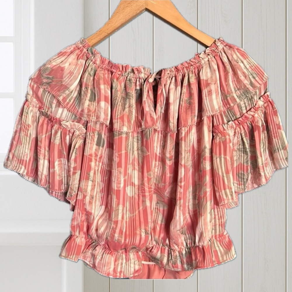 New York & Company - Pink Floral Ruffle Off the Shoulder Crop Top